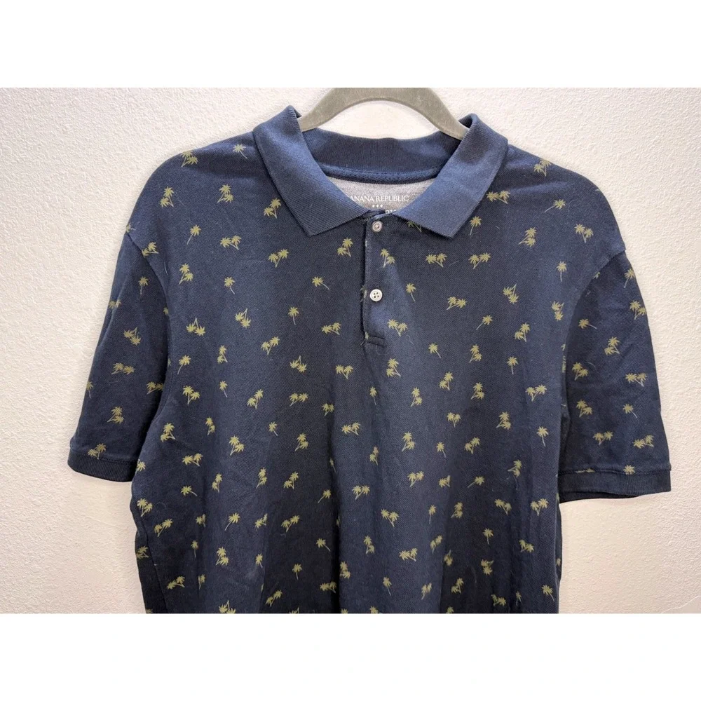 Banana Republic Pique Polo Mens Large Navy Palm Tree Print Short Sleeve Organic